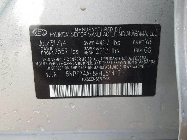 5NPE34AF8FH051412 - 2015 HYUNDAI SONATA SPO SILVER photo 10