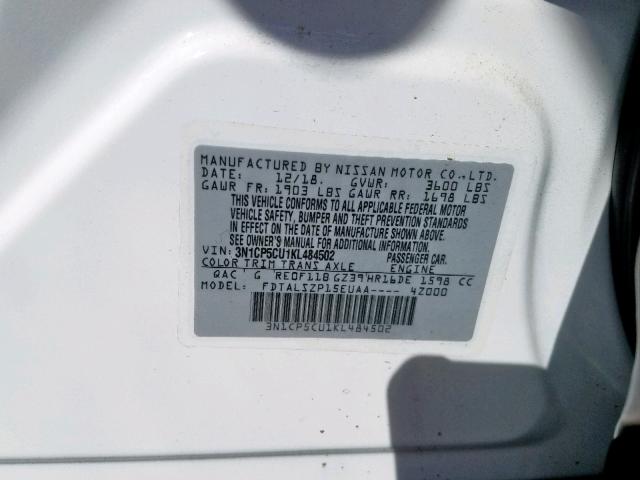 3N1CP5CU1KL484502 - 2019 NISSAN KICKS S WHITE photo 10