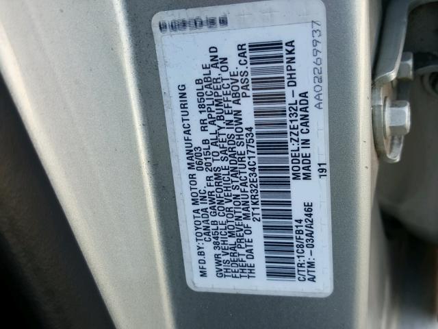 2T1KR32E34C177534 - 2004 TOYOTA COROLLA MA SILVER photo 10