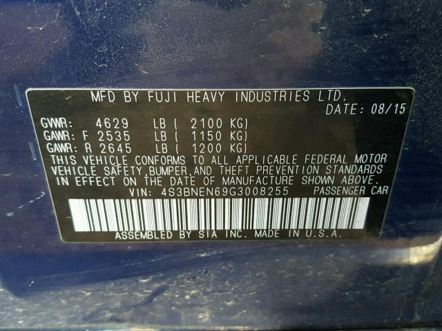 4S3BNEN69G3008255 - 2016 SUBARU LEGACY 3.6 BLUE photo 10