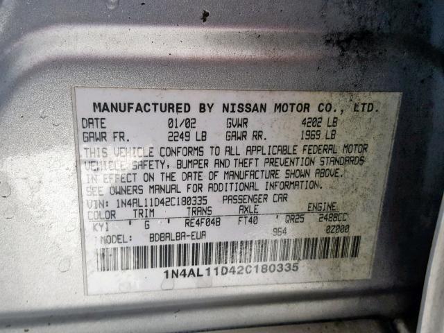 1N4AL11D42C180335 - 2002 NISSAN ALTIMA BAS SILVER photo 10