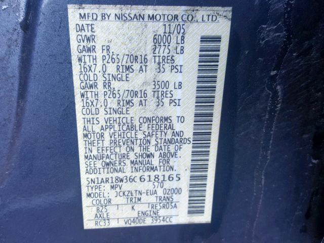 5N1AR18W36C618165 - 2006 NISSAN PATHFINDER BLUE photo 10