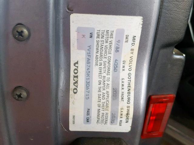 YV1FA8745K1306715 - 1989 VOLVO 740 GRAY photo 10