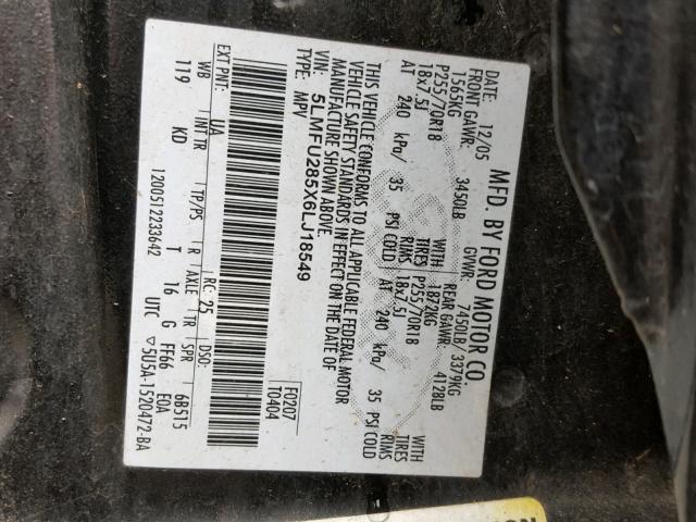 5LMFU285X6LJ18549 - 2006 LINCOLN NAVIGATOR Қара фото 10