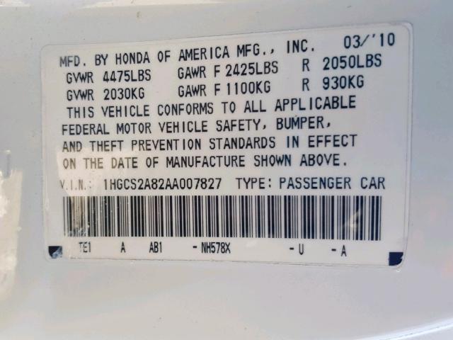 1HGCS2A82AA007827 - 2010 HONDA ACCORD EXL WHITE photo 10