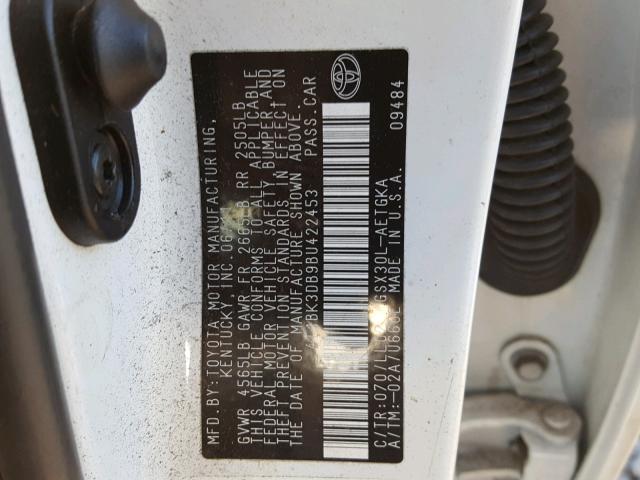 4T1BK3DB9BU422453 - 2011 TOYOTA AVALON BAS 白色 照片 10