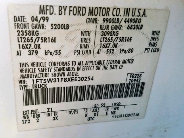 1FTSW31F8XEE30254 - 1999 FORD F-350 WHITE photo 10