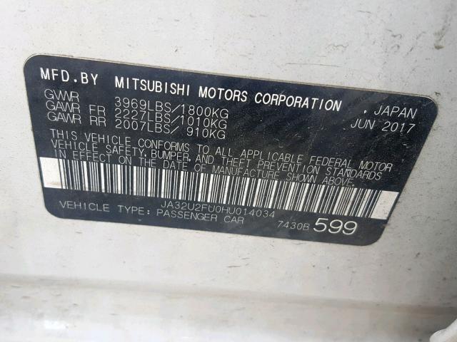 JA32U2FU0HU014034 - 2017 MITSUBISHI LANCER ES WHITE photo 10