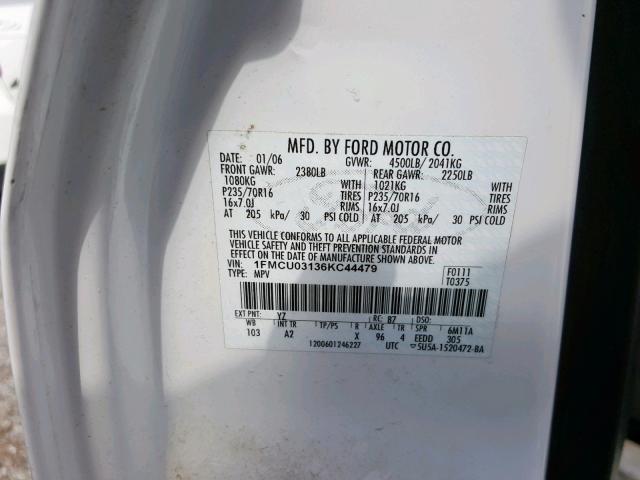 1FMCU03136KC44479 - 2006 FORD ESCAPE XLT WHITE photo 10