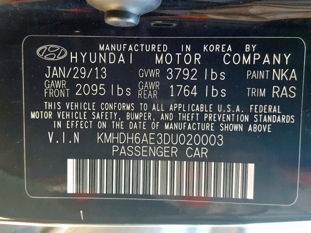 KMHDH6AE3DU020003 - 2013 HYUNDAI ELANTRA CO BLACK photo 10