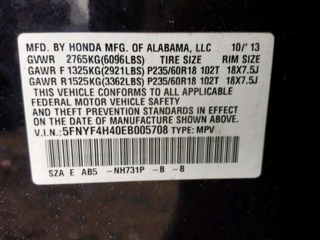 5FNYF4H40EB005708 - 2014 HONDA PILOT EX BLACK photo 10