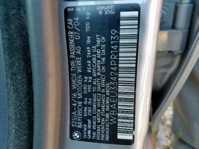 WBAEU33424PR14139 - 2004 BMW 325 XI GRAY photo 10