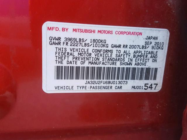 JA32U2FU6BU013073 - 2011 MITSUBISHI LANCER ES/ RED photo 10