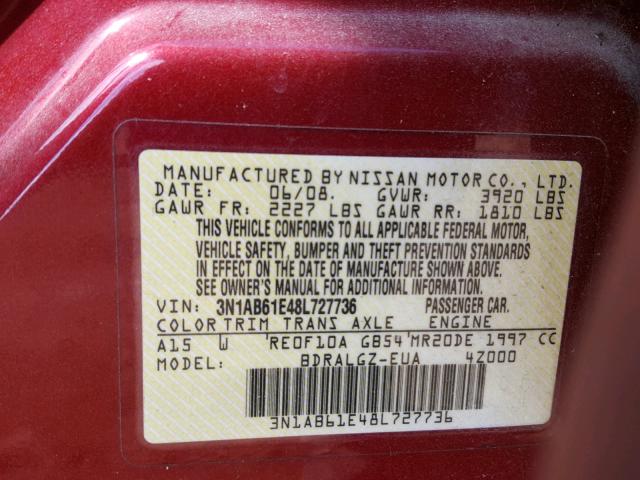 3N1AB61E48L727736 - 2008 NISSAN SENTRA 2.0 MAROON photo 10