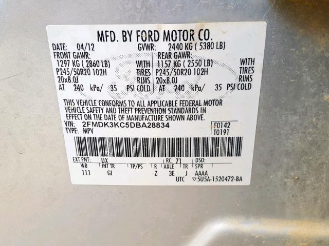 2FMDK3KC5DBA28834 - 2013 FORD EDGE LIMIT SILVER photo 10