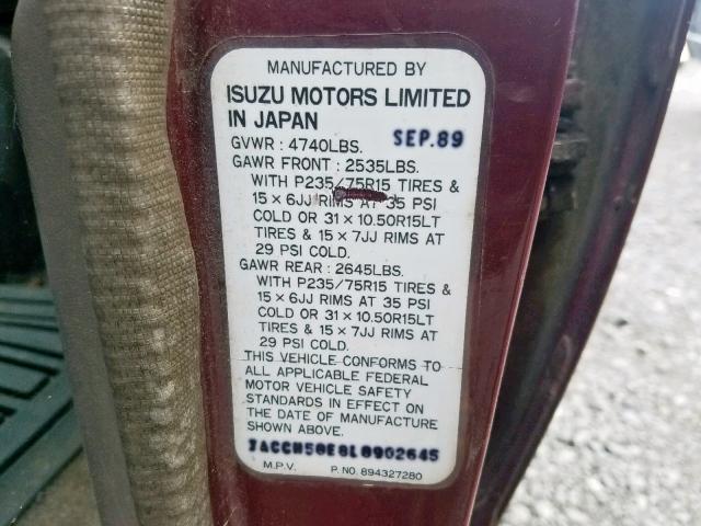 JACCH58E8L8902645 - 1990 ISUZU TROOPER BURGUNDY photo 10