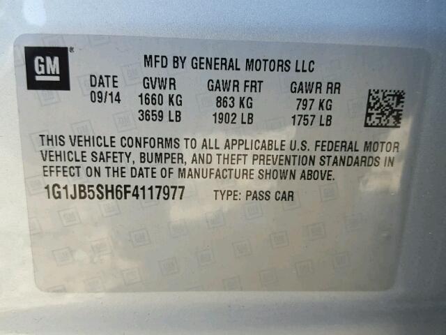 1G1JB5SH6F4117977 - 2015 CHEVROLET SONIC LS 银色 照片 10