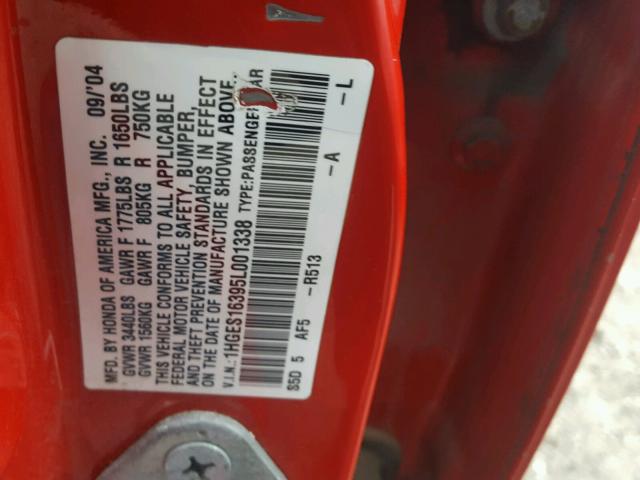 1HGES16395L001338 - 2005 HONDA CIVIC DX V RED photo 10