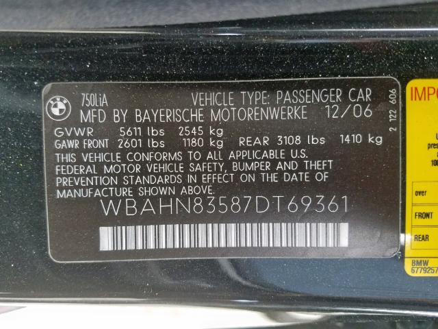 WBAHN83587DT69361 - 2007 BMW 750 BLACK photo 10