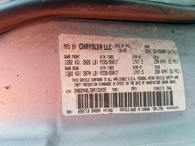 2A8GM48L58R152035 - 2008 CHRYSLER PACIFICA L SILVER photo 10