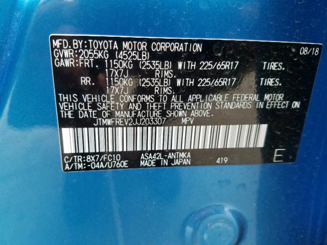 JTMWFREV2JJ203307 - 2018 TOYOTA RAV4 ADVEN BLUE photo 10