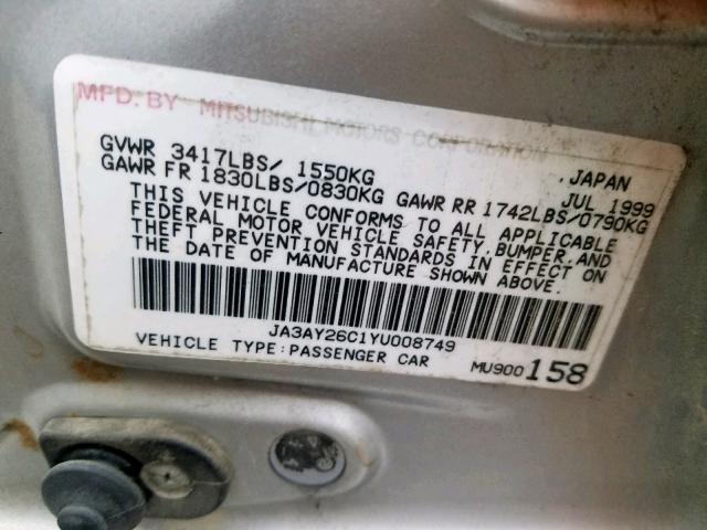 JA3AY26C1YU008749 - 2000 MITSUBISHI MIRAGE DE SILVER photo 10