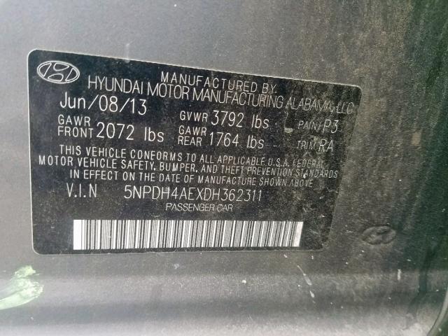 5NPDH4AEXDH362311 - 2013 HYUNDAI ELANTRA GL GRAY photo 10