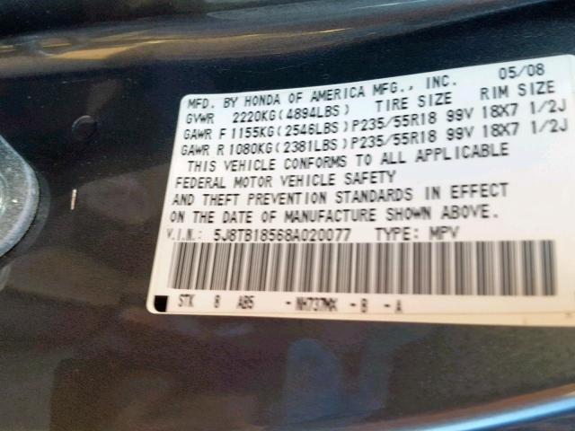 5J8TB18568A020077 - 2008 ACURA RDX TECHNO GRAY photo 10