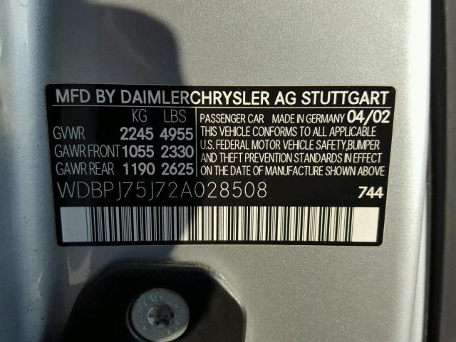 WDBPJ75J72A028508 - 2002 MERCEDES-BENZ CL 500 SILVER photo 10