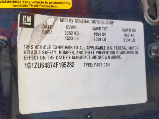 1G1ZU64874F195282 - 2004 CHEVROLET MALIBU MAX 蓝色 照片 10