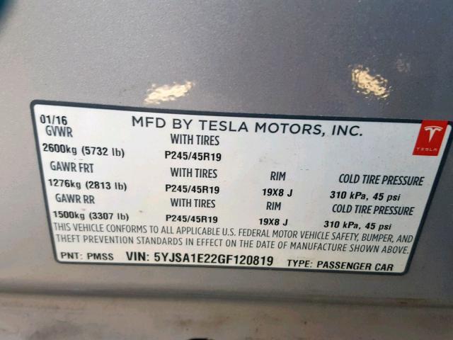 5YJSA1E22GF120819 - 2016 TESLA MODEL S فضي صورة 10