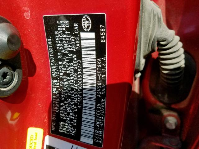 4T1BF1FK8CU536273 - 2012 TOYOTA CAMRY BASE RED photo 10