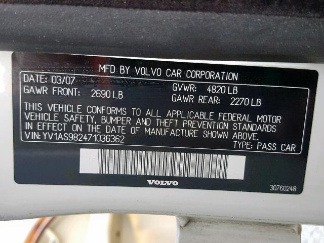 YV1AS982471036362 - 2007 VOLVO S80 3.2 WHITE photo 10