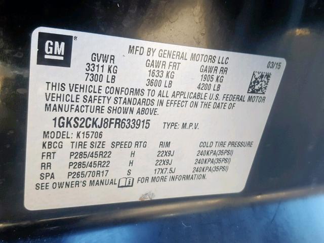 1GKS2CKJ8FR633915 - 2015 GMC YUKON DENA BLACK photo 10