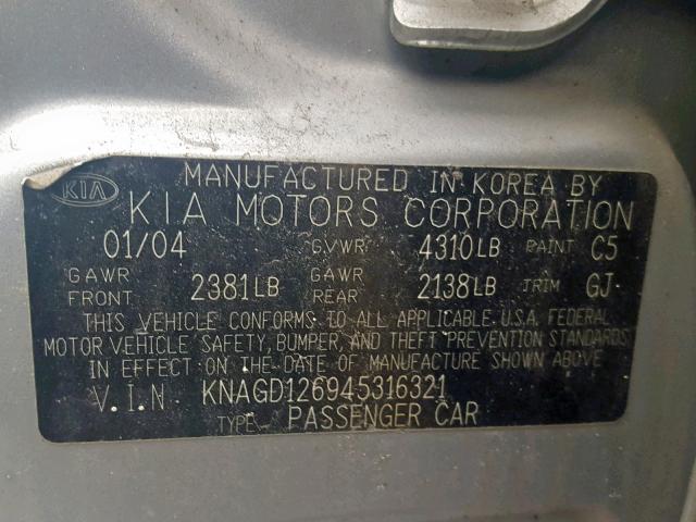 KNAGD126945316321 - 2004 KIA OPTIMA LX SILVER photo 10