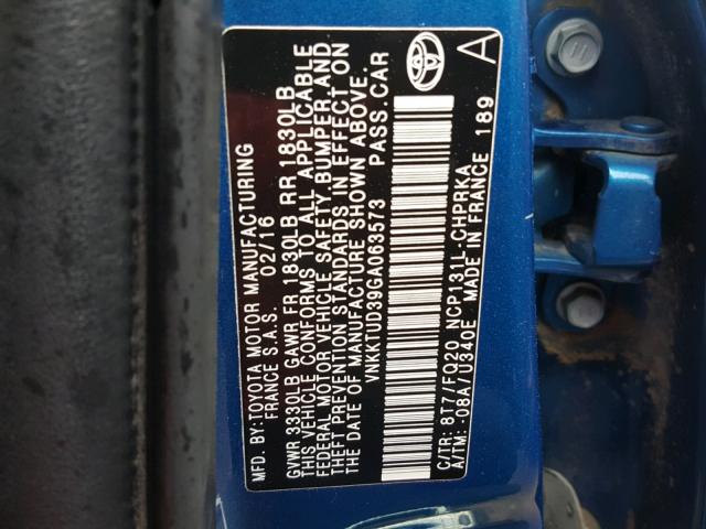 VNKKTUD39GA063573 - 2016 TOYOTA YARIS L BLUE photo 10