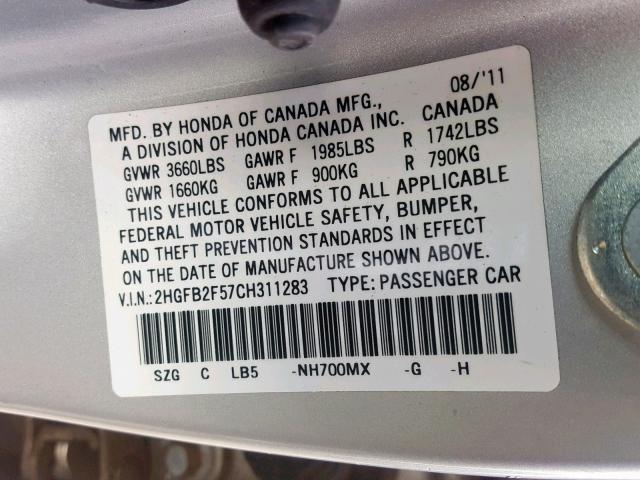 2HGFB2F57CH311283 - 2012 HONDA CIVIC LX SILVER photo 10