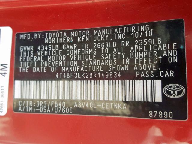 4T4BF3EK2BR149834 - 2011 TOYOTA CAMRY BASE RED photo 10