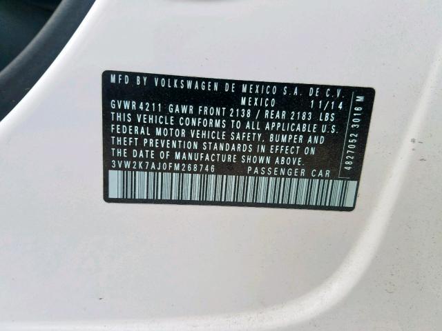 3VW2K7AJ0FM268746 - 2015 VOLKSWAGEN JETTA BASE 白色 照片 10