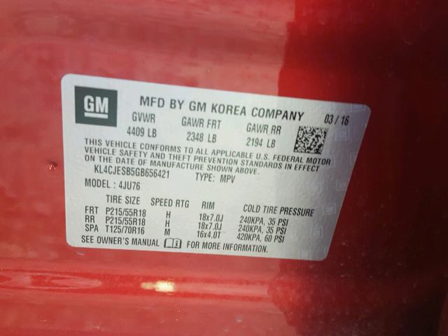 KL4CJESB5GB656421 - 2016 BUICK ENCORE RED photo 10