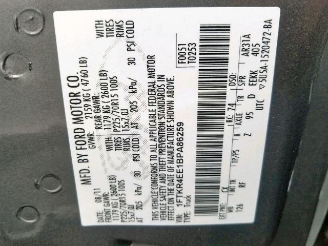 1FTKR4EE1BPA86259 - 2011 FORD RANGER SUP GRAY photo 10