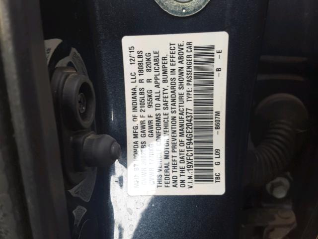 19XFC1F94GE204377 - 2016 HONDA CIVIC TOUR GRAY photo 10