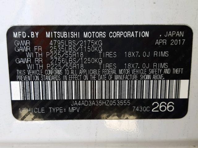 JA4AD3A35HZ053555 - 2017 MITSUBISHI OUTLANDER WHITE photo 10