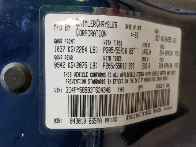 3C4FY58B83T634346 - 2003 CHRYSLER PT CRUISER BLUE photo 10