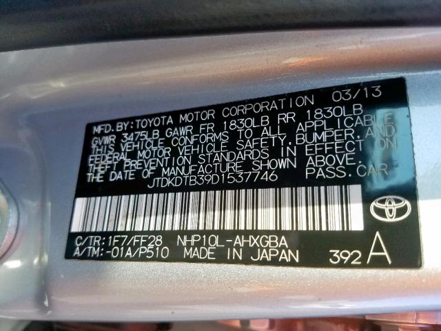 JTDKDTB39D1537746 - 2013 TOYOTA PRIUS C SILVER photo 10