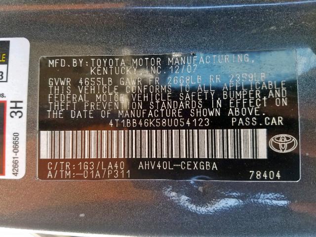 4T1BB46K58U054123 - 2008 TOYOTA CAMRY HYBR GRAY photo 10