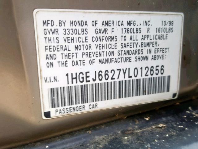 1HGEJ6627YL012656 - 2000 HONDA CIVIC DX SILVER photo 10