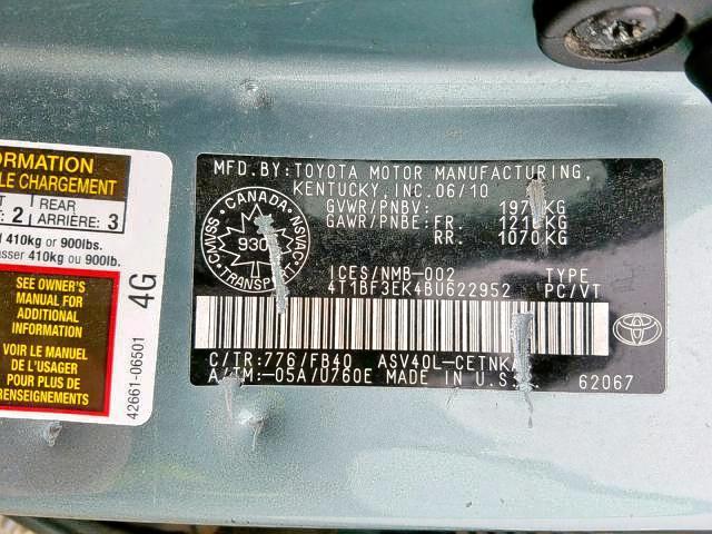 4T1BF3EK4BU622952 - 2011 TOYOTA CAMRY BASE TURQUOISE photo 9