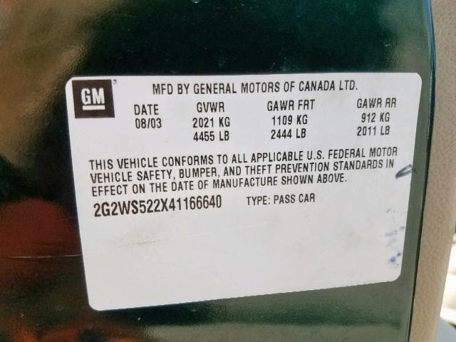 2G2WS522X41166640 - 2004 PONTIAC GRAND PRIX Կանաչ լուսանկար 10