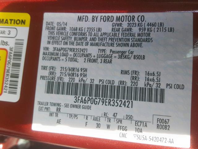 3FA6P0G79ER352421 - 2014 FORD FUSION S RED photo 10